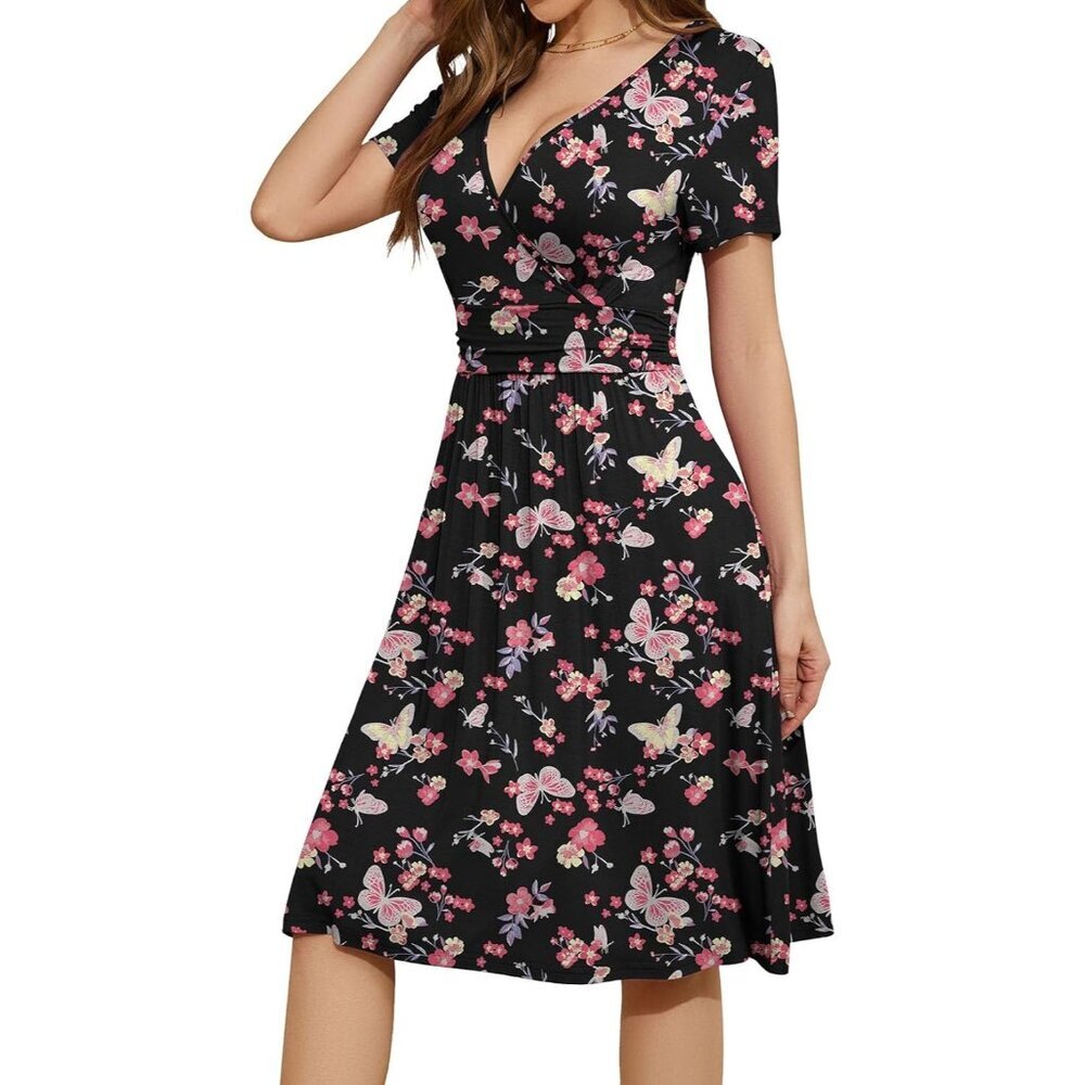 Women Butterfly Short Sleeve V-Neck Floral Stretchy Party Dress with Pockets - Picture 3 of 5